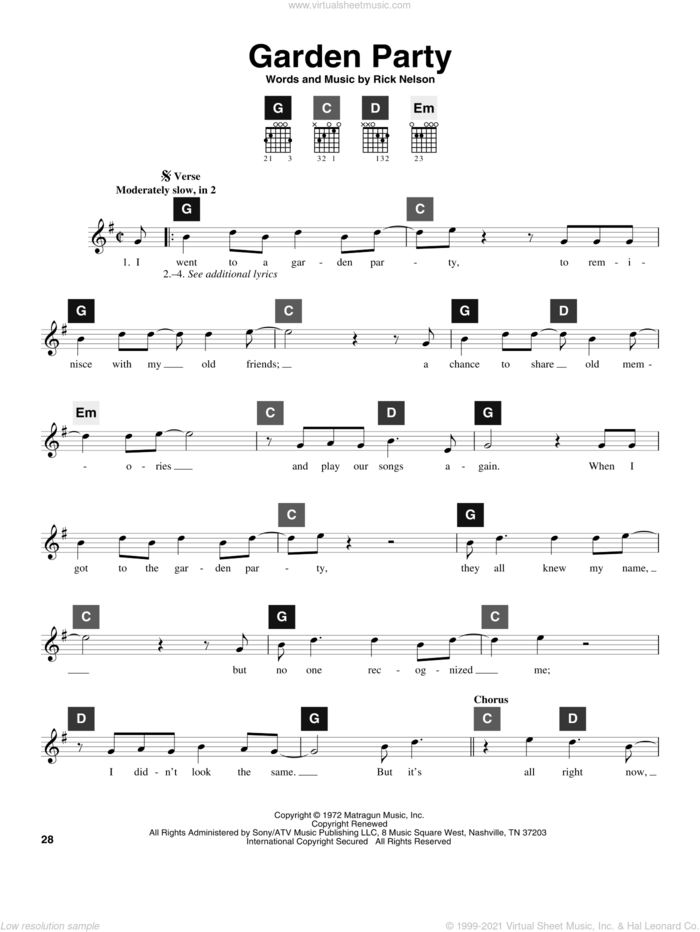 Garden Party sheet music for guitar solo (ChordBuddy system) by Ricky Nelson and Travis Perry, intermediate guitar (ChordBuddy system)