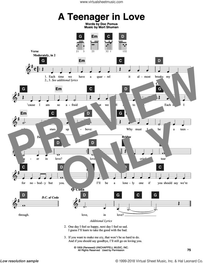 A Teenager In Love sheet music for guitar solo (ChordBuddy system) by Dion & The Belmonts, Travis Perry, DOC POMUS and MORT SHUMAN, intermediate guitar (ChordBuddy system)