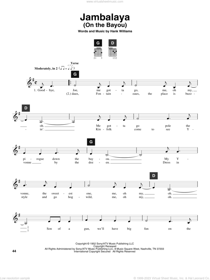 Jambalaya (On The Bayou) sheet music for guitar solo (ChordBuddy system) by Hank Williams and Travis Perry, intermediate guitar (ChordBuddy system)