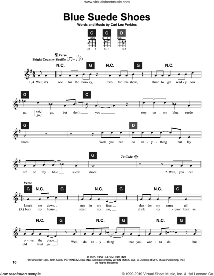 Blue Suede Shoes sheet music for guitar solo (ChordBuddy system) by Carl Perkins, Elvis Presley and Travis Perry, intermediate guitar (ChordBuddy system)