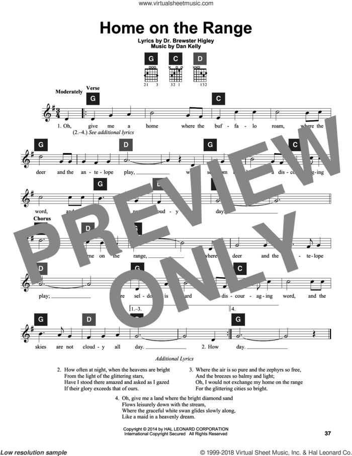 Home On The Range sheet music for guitar solo (ChordBuddy system) by Dan Kelly, Travis Perry and Dr. Brewster Higley, intermediate guitar (ChordBuddy system)