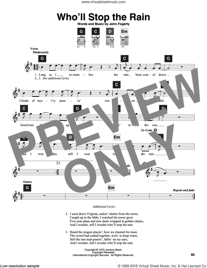 Who'll Stop The Rain sheet music for guitar solo (ChordBuddy system) by Creedence Clearwater Revival, Travis Perry and John Fogerty, intermediate guitar (ChordBuddy system)