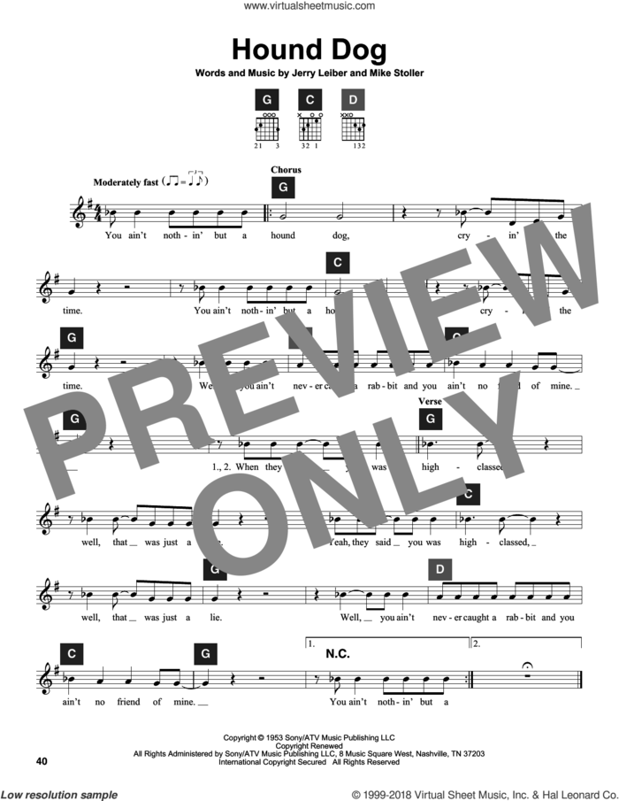 Hound Dog sheet music for guitar solo (ChordBuddy system) by Elvis Presley, Travis Perry, Jerry Leiber and Mike Stoller, intermediate guitar (ChordBuddy system)