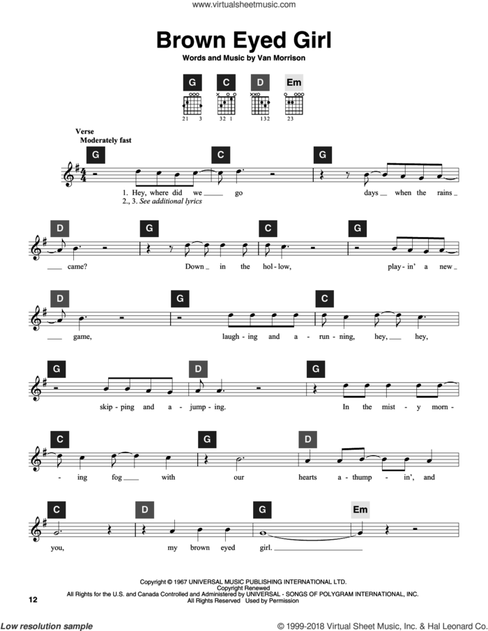 Brown Eyed Girl sheet music for guitar solo (ChordBuddy system) by Van Morrison and Travis Perry, intermediate guitar (ChordBuddy system)