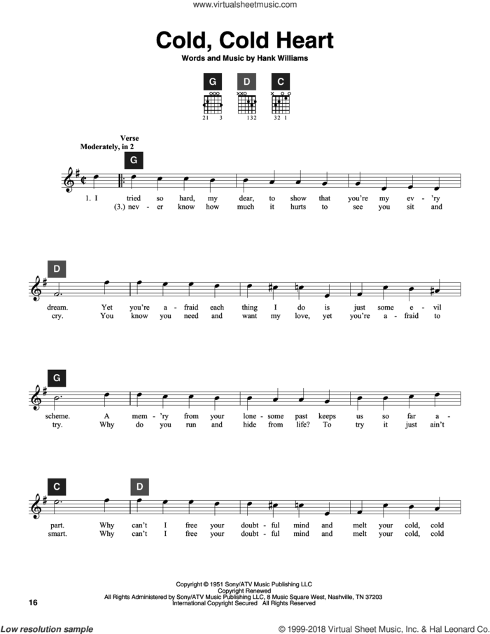 Cold, Cold Heart sheet music for guitar solo (ChordBuddy system) by Hank Williams, Tony Bennett and Travis Perry, intermediate guitar (ChordBuddy system)