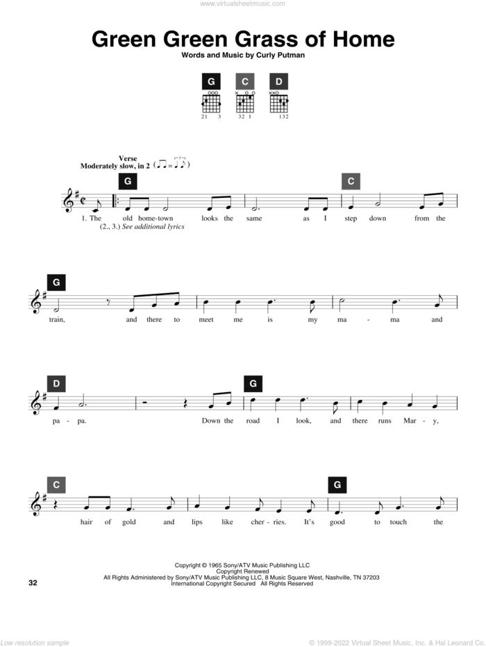 Green Green Grass Of Home sheet music for guitar solo (ChordBuddy system) by Porter Wagoner, Elvis Presley, Tom Jones, Travis Perry and Curly Putman, intermediate guitar (ChordBuddy system)