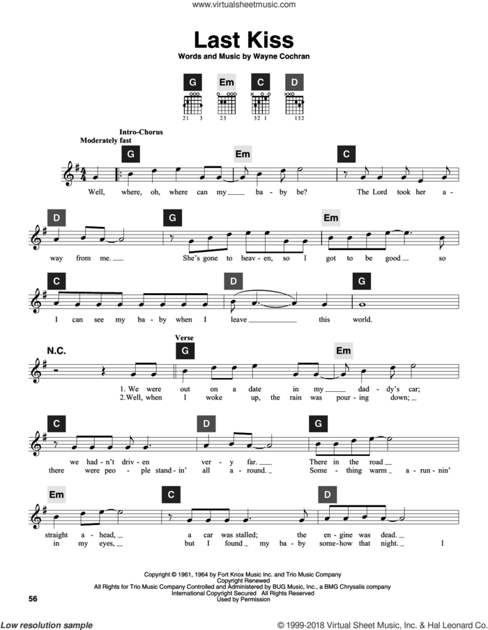 Last Kiss sheet music for guitar solo (ChordBuddy system) by J. Frank Wilson, Pearl Jam, Travis Perry and Wayne Cochran, intermediate guitar (ChordBuddy system)
