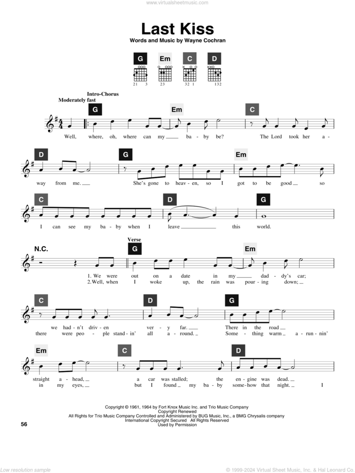 Last Kiss sheet music for guitar solo (ChordBuddy system) by J. Frank Wilson, Pearl Jam, Travis Perry and Wayne Cochran, intermediate guitar (ChordBuddy system)