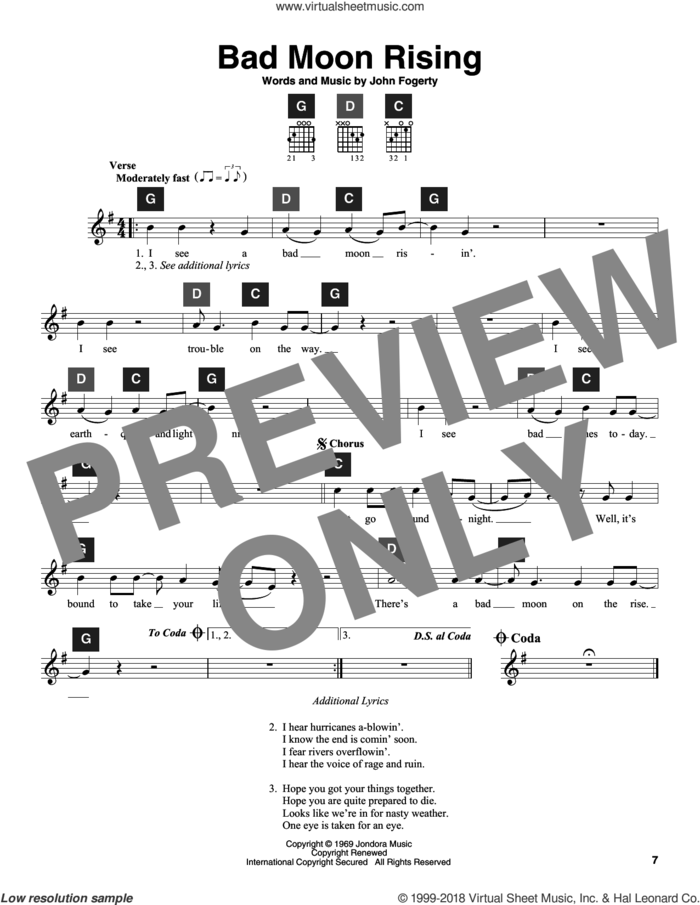 Bad Moon Rising sheet music for guitar solo (ChordBuddy system) by Creedence Clearwater Revival, Travis Perry and John Fogerty, intermediate guitar (ChordBuddy system)