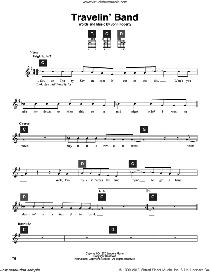 Travelin' Band sheet music for guitar solo (ChordBuddy system) by Creedence Clearwater Revival, Travis Perry and John Fogerty, intermediate guitar (ChordBuddy system)