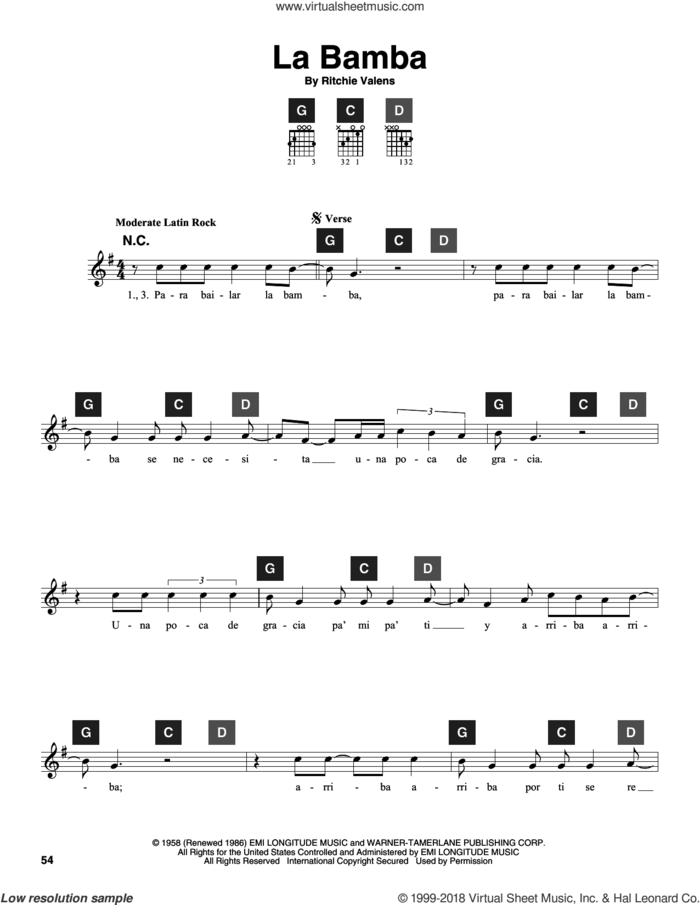 La Bamba sheet music for guitar solo (ChordBuddy system) by Ritchie Valens, Los Lobos and Travis Perry, intermediate guitar (ChordBuddy system)