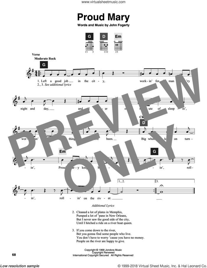 Proud Mary sheet music for guitar solo (ChordBuddy system) by Creedence Clearwater Revival, Ike & Tina Turner, Travis Perry and John Fogerty, intermediate guitar (ChordBuddy system)