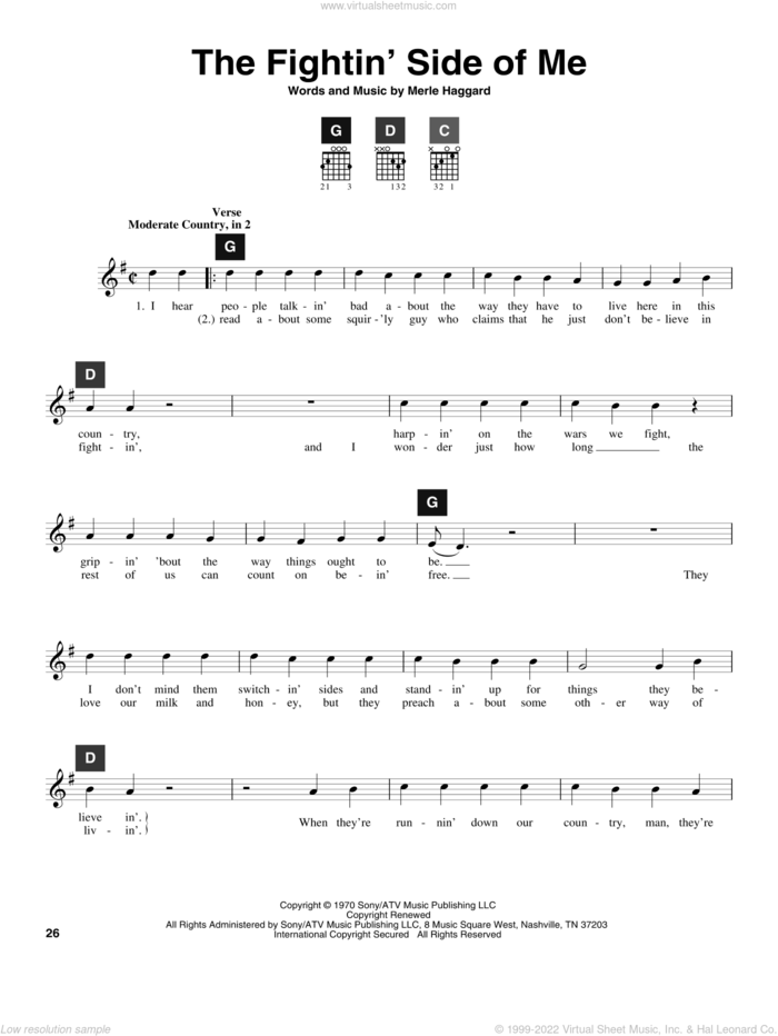The Fightin' Side Of Me sheet music for guitar solo (ChordBuddy system) by Merle Haggard and Travis Perry, intermediate guitar (ChordBuddy system)