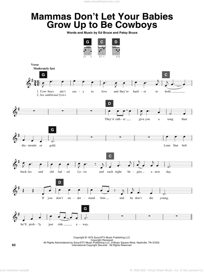 Mammas Don't Let Your Babies Grow Up To Be Cowboys sheet music for guitar solo (ChordBuddy system) by Ed Bruce, Gibson/Miller Band, Travis Perry, Willie Nelson and Patsy Bruce, intermediate guitar (ChordBuddy system)