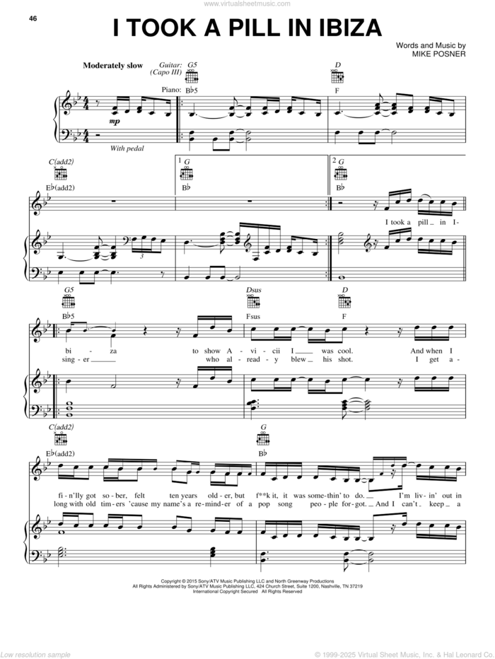 I Took A Pill In Ibiza sheet music for voice, piano or guitar by Mike Posner, intermediate skill level