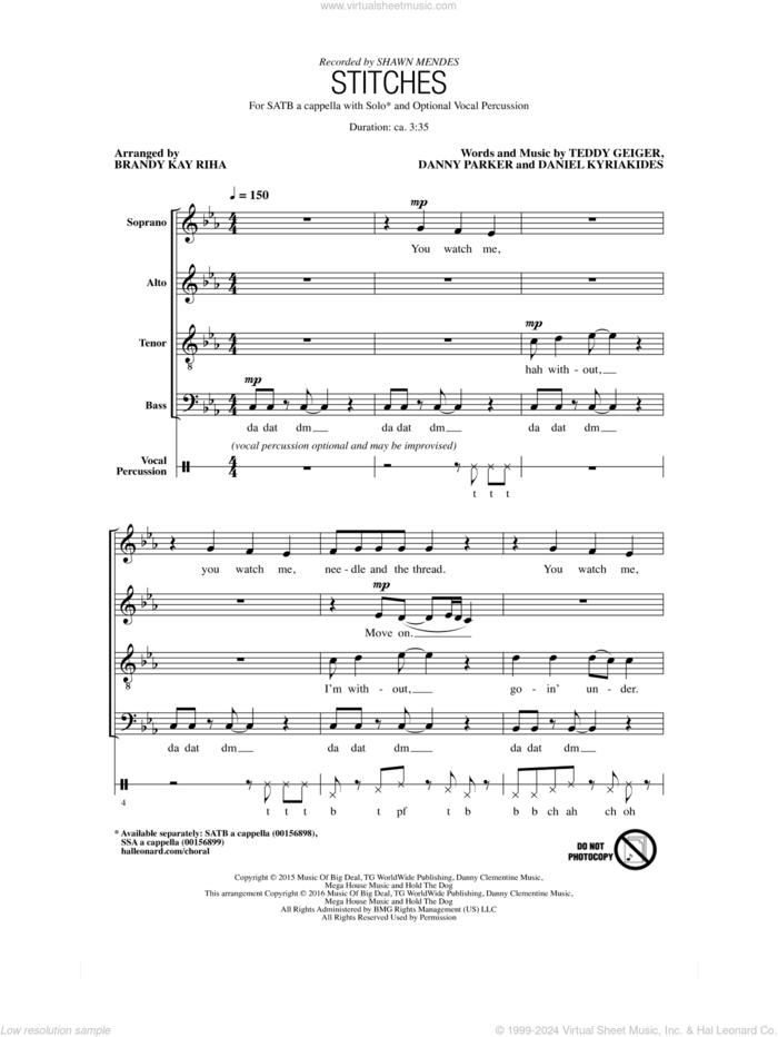 Stitches (arr. Brandy Kay Riha) sheet music for choir (SATB: soprano, alto, tenor, bass) by Teddy Geiger, Brandy Kay Riha, Shawn Mendes, Daniel Kyriakides and Danny Parker, intermediate skill level