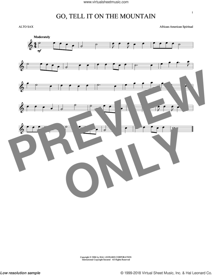 Go, Tell It On The Mountain sheet music for alto saxophone solo by John W. Work, Jr. and Miscellaneous, intermediate skill level