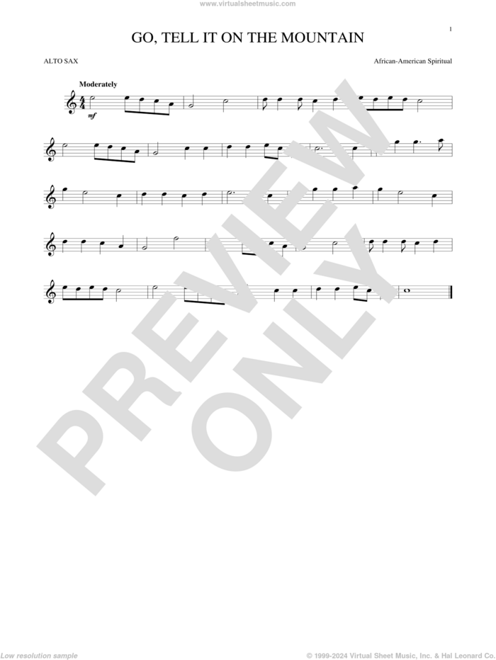 Go, Tell It On The Mountain sheet music for alto saxophone solo by John W. Work, Jr. and Miscellaneous, intermediate skill level