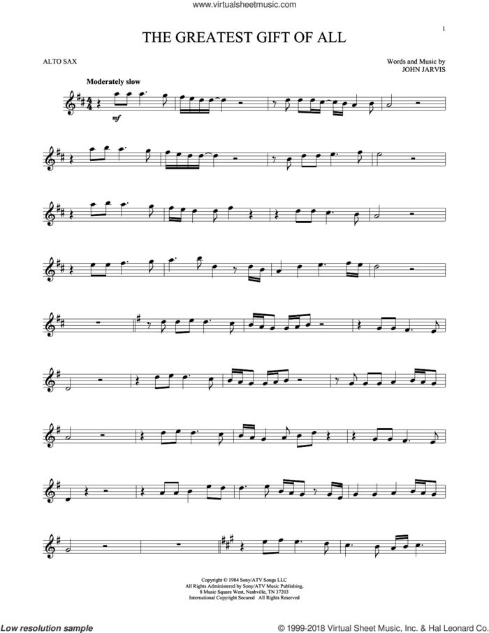 The Greatest Gift Of All sheet music for alto saxophone solo by Kenny Rogers and Dolly Parton and John Jarvis, intermediate skill level