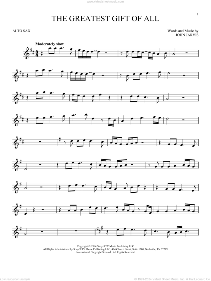 The Greatest Gift Of All sheet music for alto saxophone solo by Kenny Rogers and Dolly Parton and John Jarvis, intermediate skill level