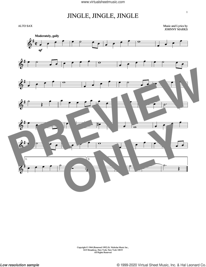 Jingle, Jingle, Jingle sheet music for alto saxophone solo by Johnny Marks, intermediate skill level