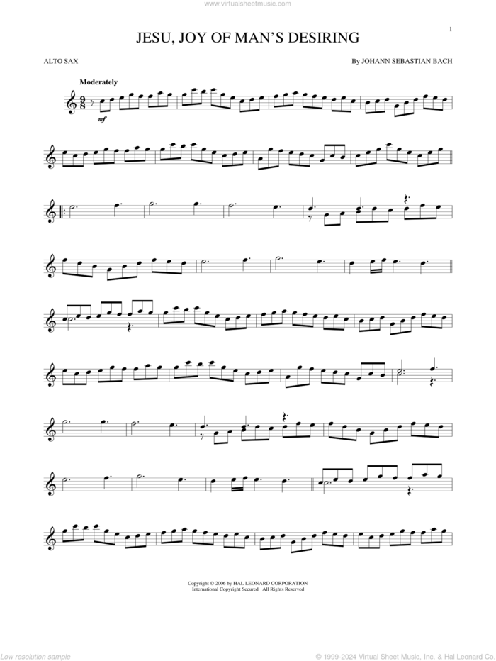 Jesu, Joy Of Man's Desiring sheet music for alto saxophone solo by Johann Sebastian Bach and Robert Bridges, classical wedding score, intermediate skill level