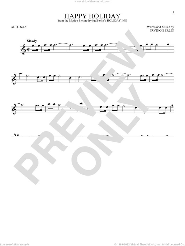 Happy Holiday sheet music for alto saxophone solo by Irving Berlin, intermediate skill level