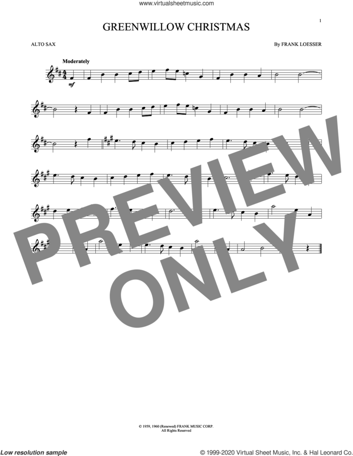 Greenwillow Christmas sheet music for alto saxophone solo by Frank Loesser, intermediate skill level