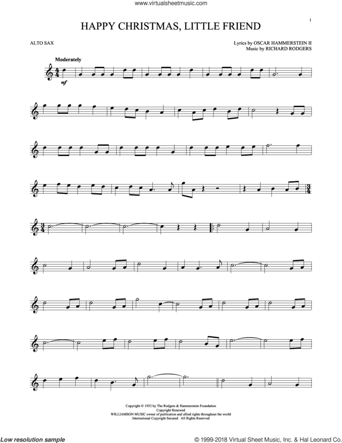 Happy Christmas, Little Friend sheet music for alto saxophone solo by Rodgers & Hammerstein, Oscar II Hammerstein and Richard Rodgers, intermediate skill level