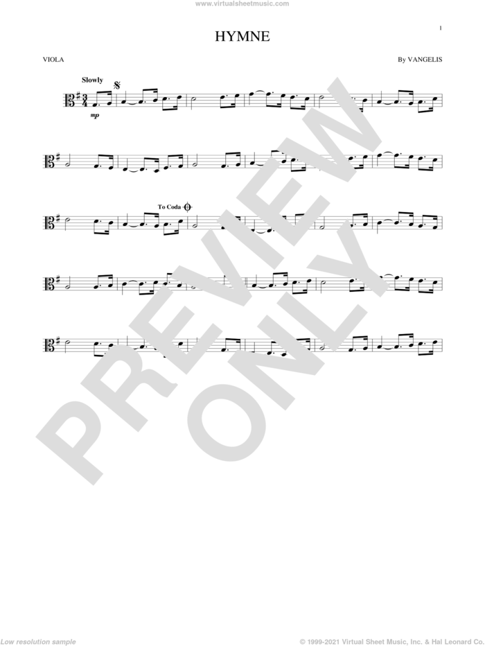 Hymne sheet music for viola solo by Vangelis, intermediate skill level