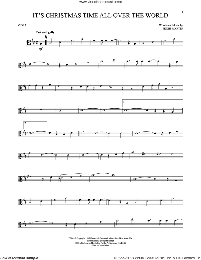 It's Christmas Time All Over The World sheet music for viola solo by Hugh Martin, intermediate skill level