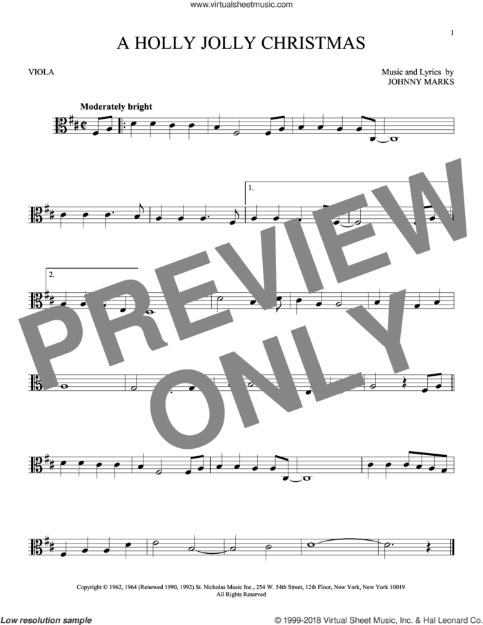 A Holly Jolly Christmas sheet music for viola solo by Johnny Marks, intermediate skill level