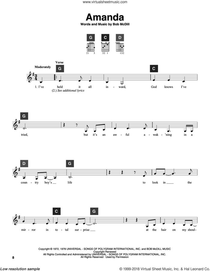 Amanda sheet music for guitar solo (ChordBuddy system) by Waylon Jennings and Bob McDill, intermediate guitar (ChordBuddy system)
