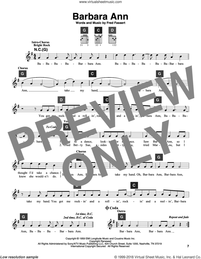 Barbara Ann sheet music for guitar solo (ChordBuddy system) by The Beach Boys and Fred Fassert, intermediate guitar (ChordBuddy system)