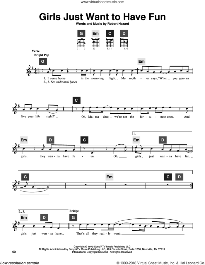 Girls Just Want To Have Fun sheet music for guitar solo (ChordBuddy system) by Cyndi Lauper, Miley Cyrus and Robert Hazard, intermediate guitar (ChordBuddy system)