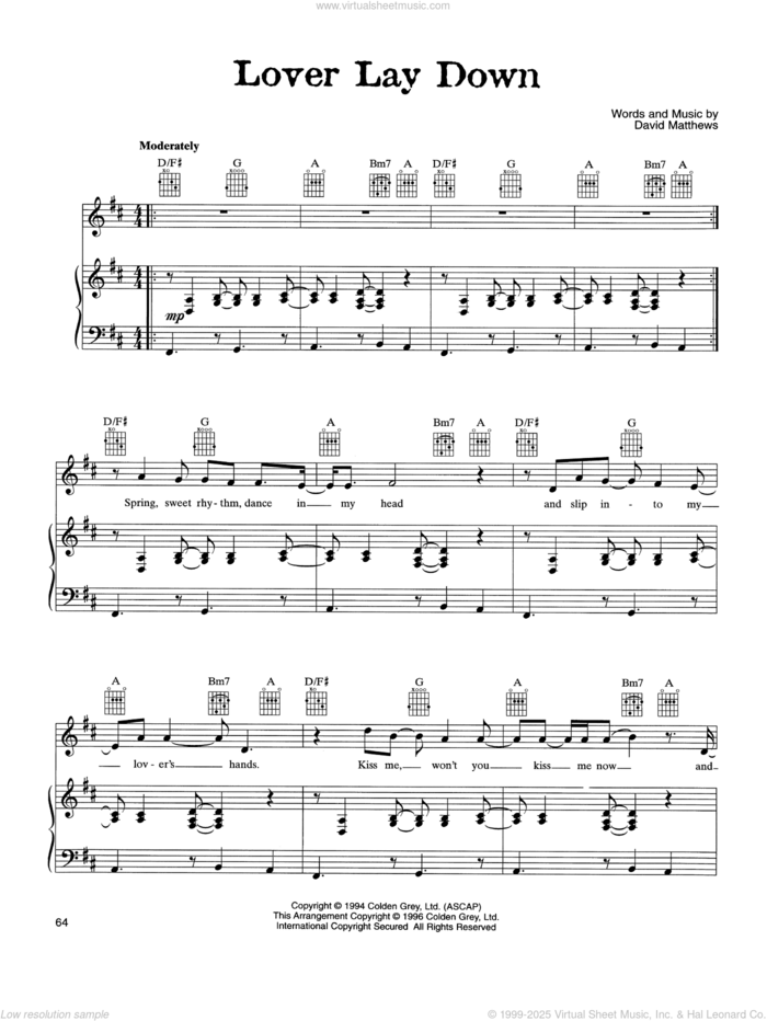 Lover Lay Down sheet music for voice, piano or guitar by Dave Matthews Band, intermediate skill level