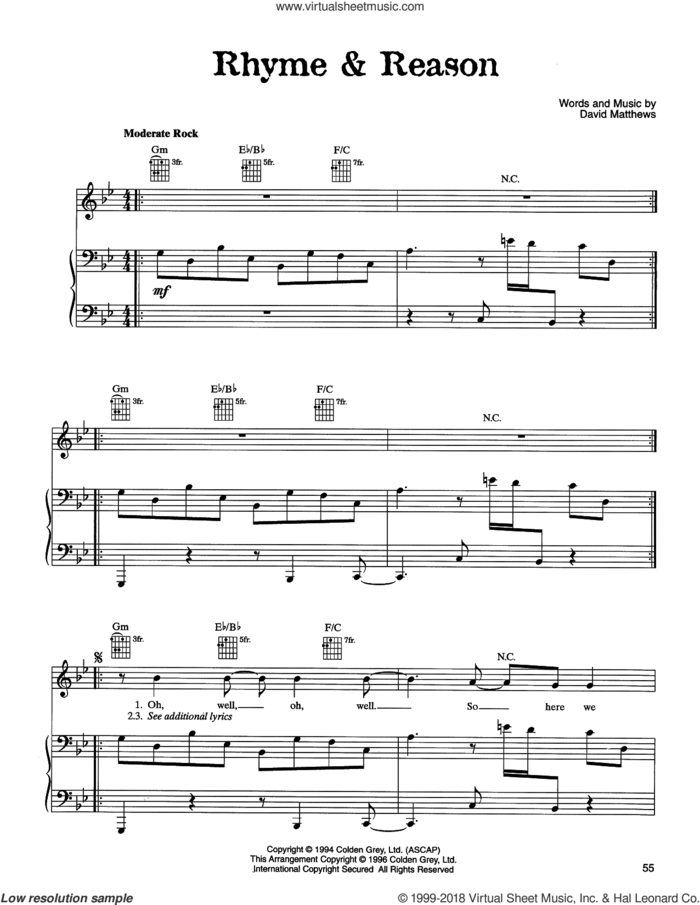 Rhyme and Reason sheet music for voice, piano or guitar by Dave Matthews Band, intermediate skill level