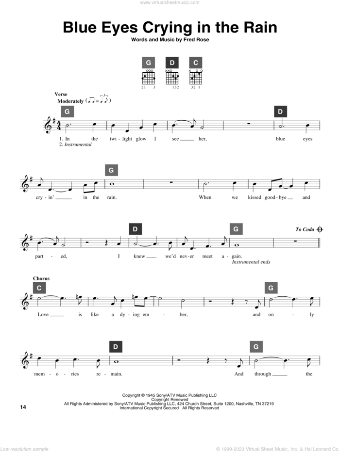 Blue Eyes Crying In The Rain sheet music for guitar solo (ChordBuddy system) by Willie Nelson, Elvis Presley and Fred Rose, intermediate guitar (ChordBuddy system)