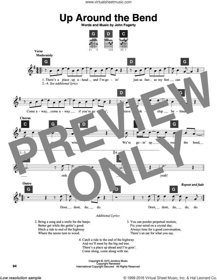 Up Around The Bend sheet music for guitar solo (ChordBuddy system) by Creedence Clearwater Revival and John Fogerty, intermediate guitar (ChordBuddy system)
