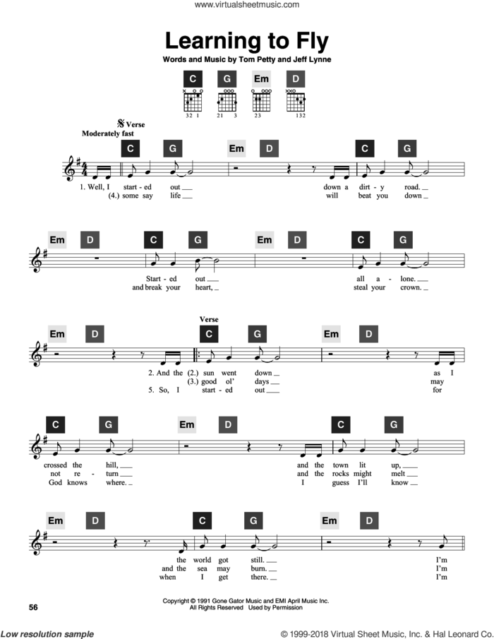 Learning To Fly sheet music for guitar solo (ChordBuddy system) by Tom Petty and Jeff Lynne, intermediate guitar (ChordBuddy system)