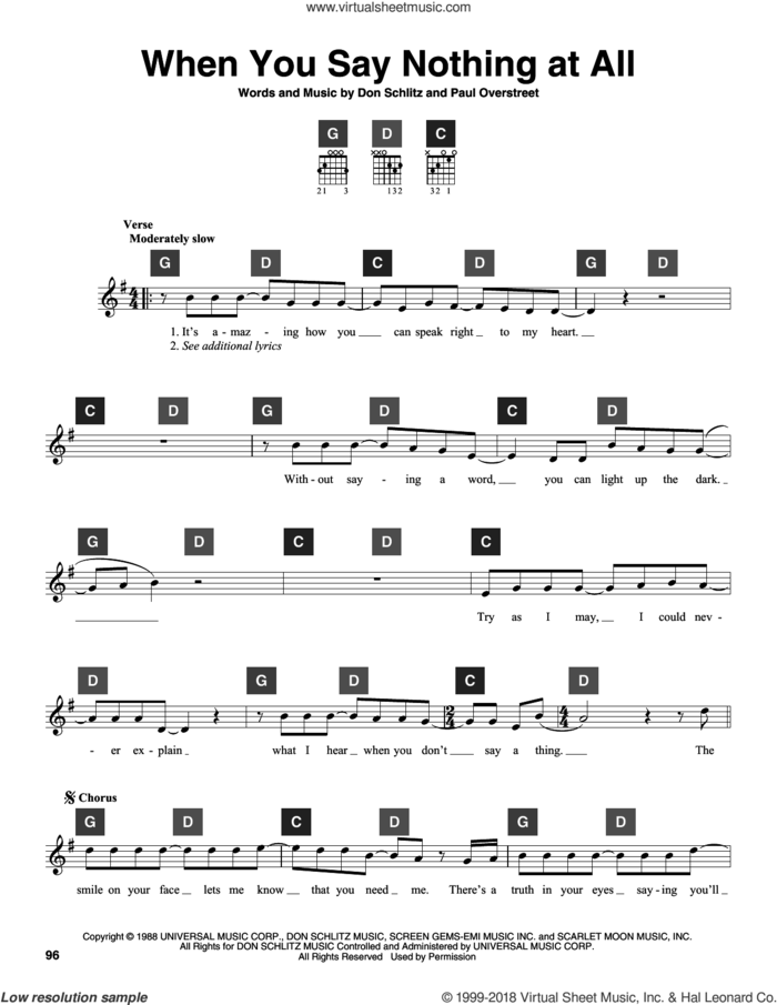 When You Say Nothing At All sheet music for guitar solo (ChordBuddy system) by Alison Krauss & Union Station, Keith Whitley, Don Schlitz and Paul Overstreet, intermediate guitar (ChordBuddy system)