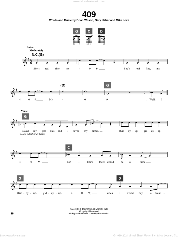 409 sheet music for guitar solo (ChordBuddy system) by The Beach Boys, Brian Wilson, Gary Usher and Mike Love, intermediate guitar (ChordBuddy system)