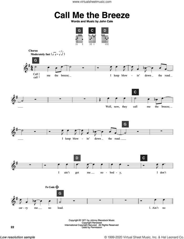 Call Me The Breeze sheet music for guitar solo (ChordBuddy system) by Lynyrd Skynyrd and John Cale, intermediate guitar (ChordBuddy system)