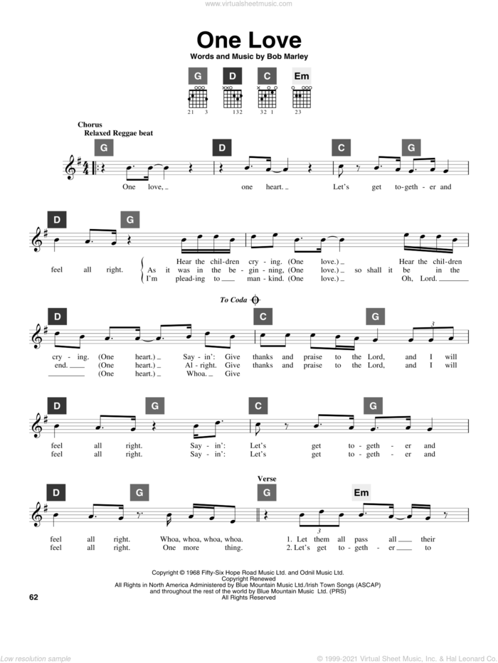 One Love sheet music for guitar solo (ChordBuddy system) by Bob Marley, intermediate guitar (ChordBuddy system)