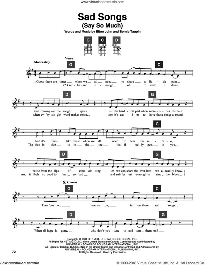 Sad Songs (Say So Much) sheet music for guitar solo (ChordBuddy system) by Elton John and Bernie Taupin, intermediate guitar (ChordBuddy system)