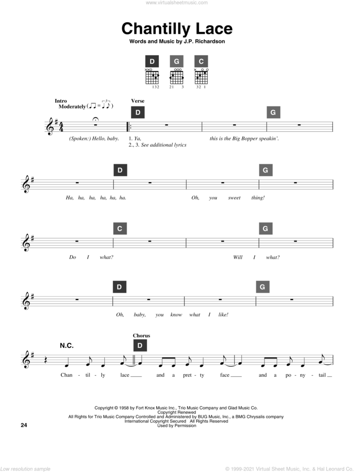 Chantilly Lace sheet music for guitar solo (ChordBuddy system) by Jerry Lee Lewis, Big Bopper and J.P. Richardson, intermediate guitar (ChordBuddy system)