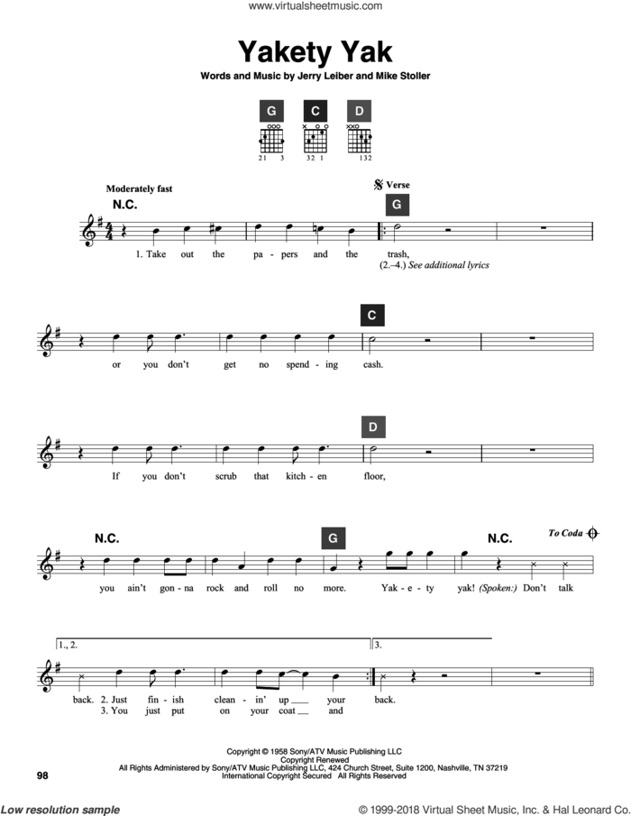 Yakety Yak sheet music for guitar solo (ChordBuddy system) by The Coasters, Jerry Leiber and Mike Stoller, intermediate guitar (ChordBuddy system)
