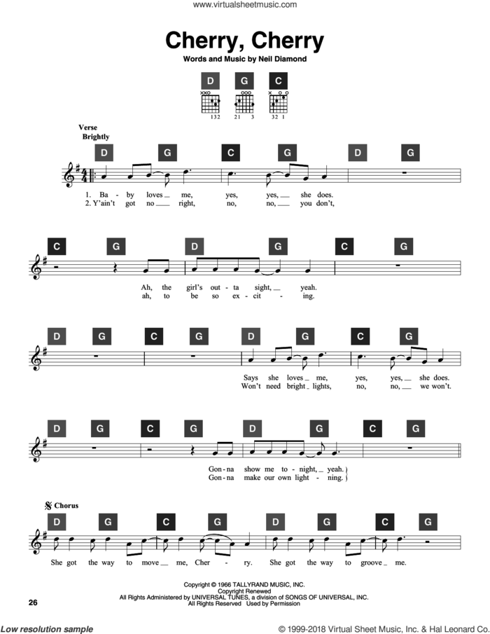 Cherry, Cherry sheet music for guitar solo (ChordBuddy system) by Neil Diamond, intermediate guitar (ChordBuddy system)