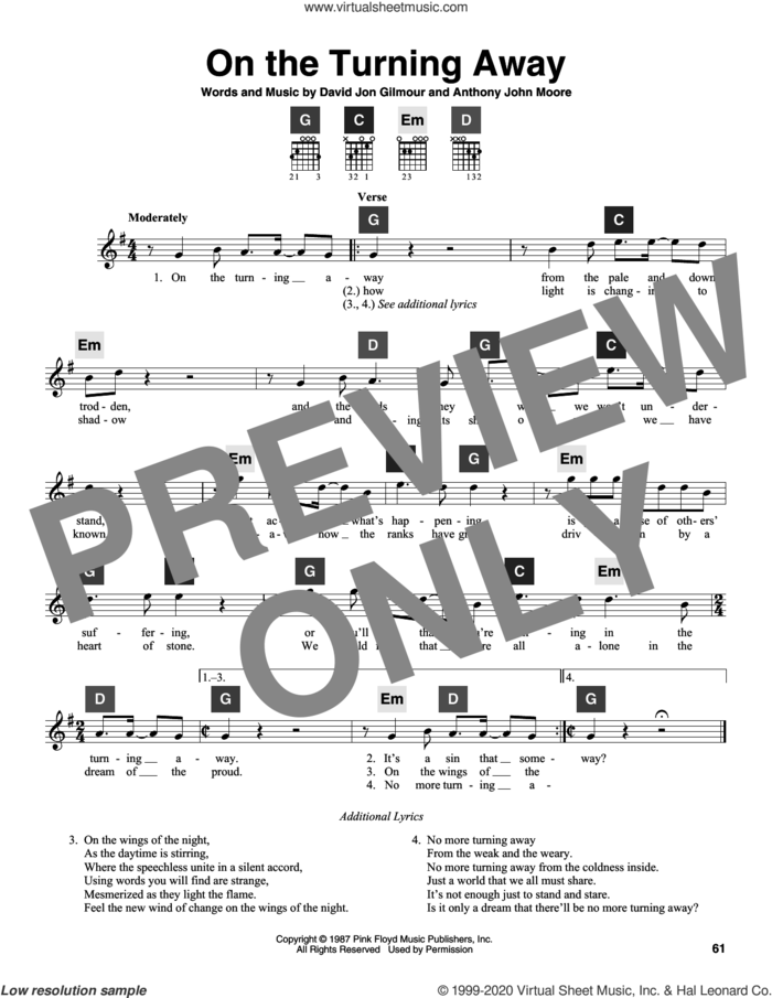 On The Turning Away sheet music for guitar solo (ChordBuddy system) by Pink Floyd, Anthony John Moore and David Jon Gilmour, intermediate guitar (ChordBuddy system)