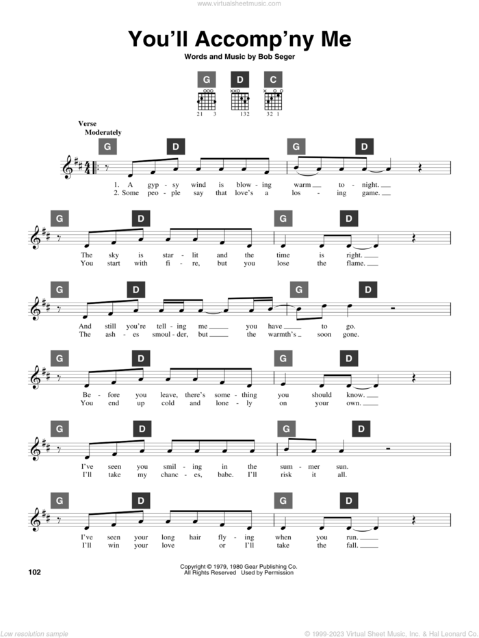 You'll Accomp'ny Me sheet music for guitar solo (ChordBuddy system) by Bob Seger, wedding score, intermediate guitar (ChordBuddy system)